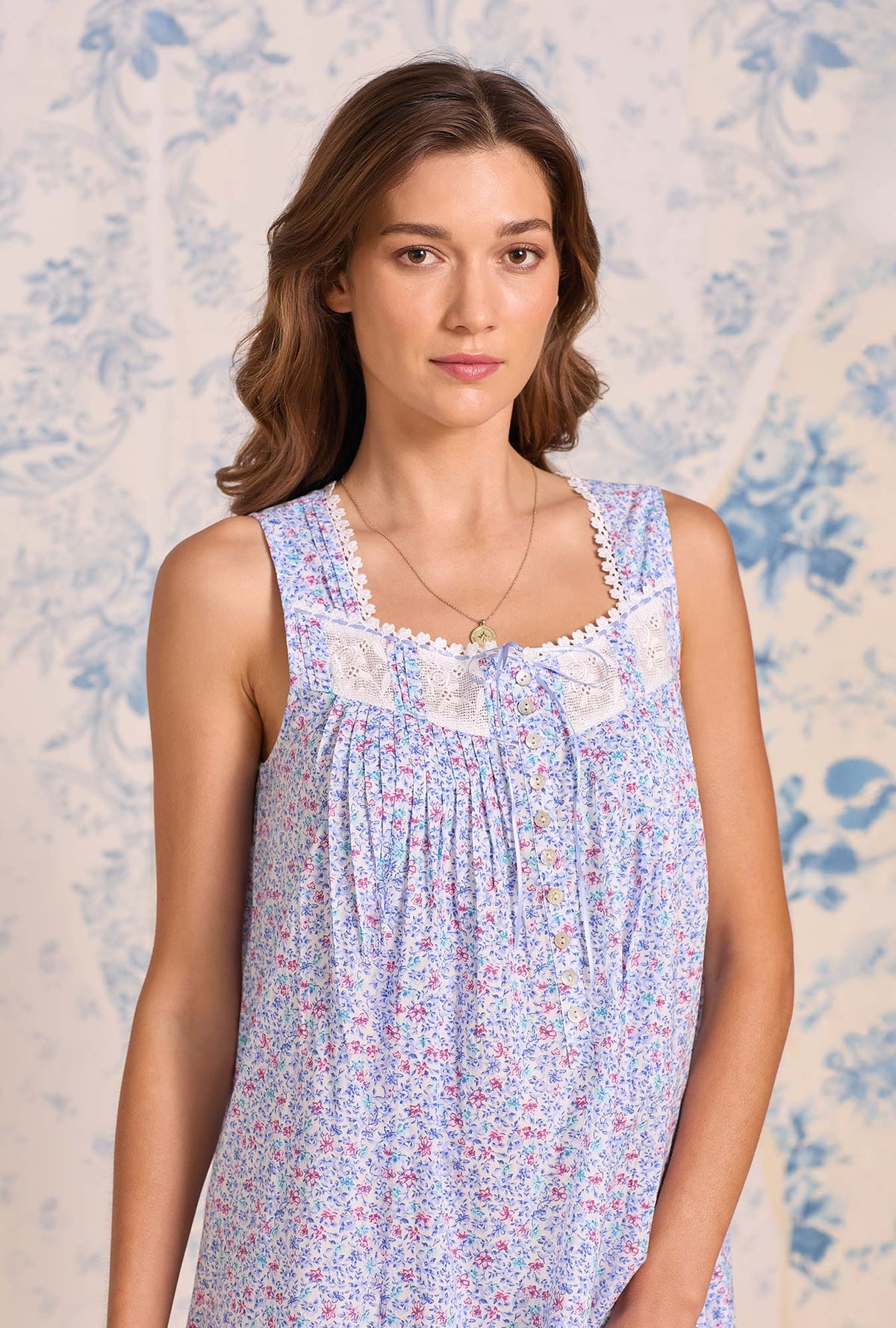 a lady wearing The "Eileen" Wintertide Ditsy Cotton Lawn Ballet Nightgown
