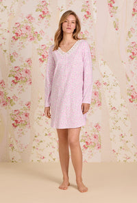 A lady wearing Rose Tangle Cotton Knit Long Sleeve Nightshirt