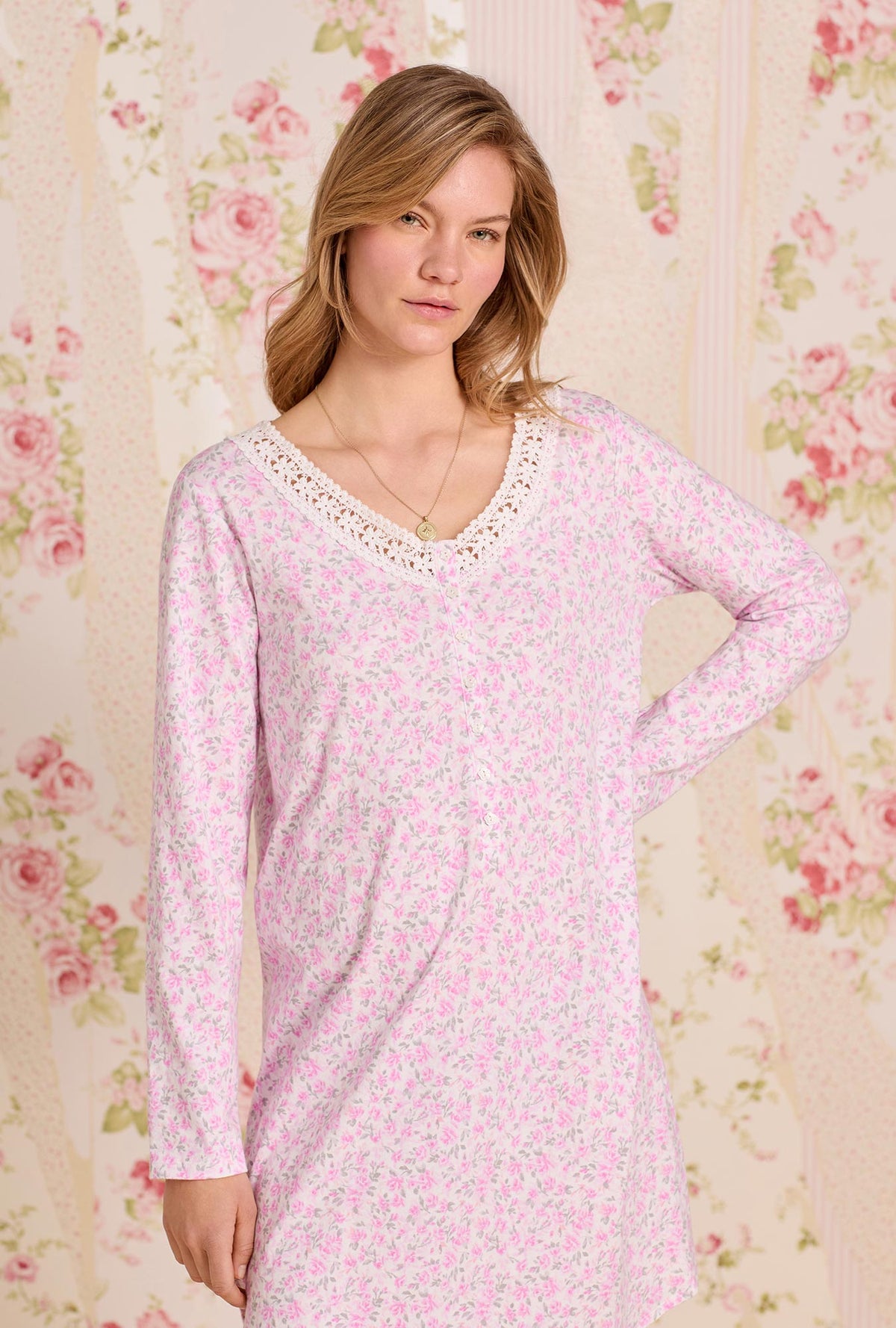 A lady wearing Rose Tangle Cotton Knit Long Sleeve Nightshirt