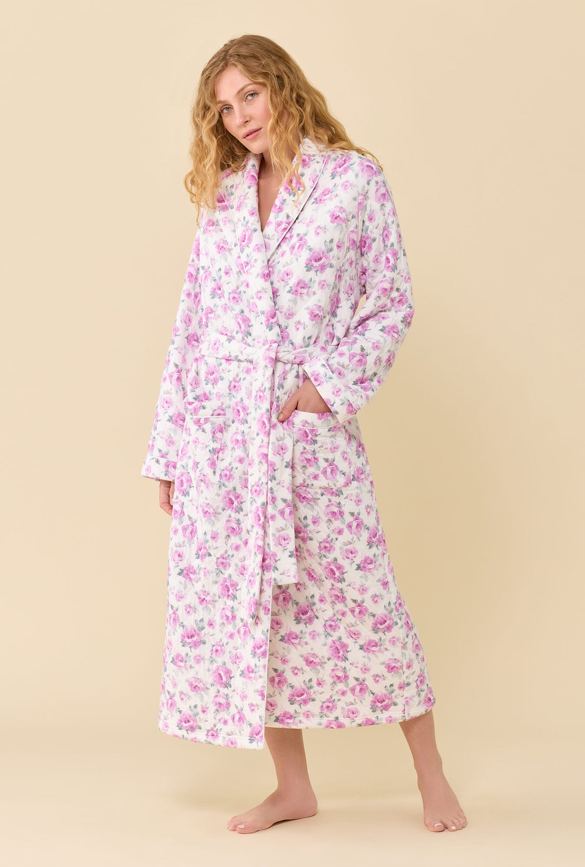A lady wearing Antique Rose Cotton Rich Diamond Quilt Ballet Wrap Robe looking front