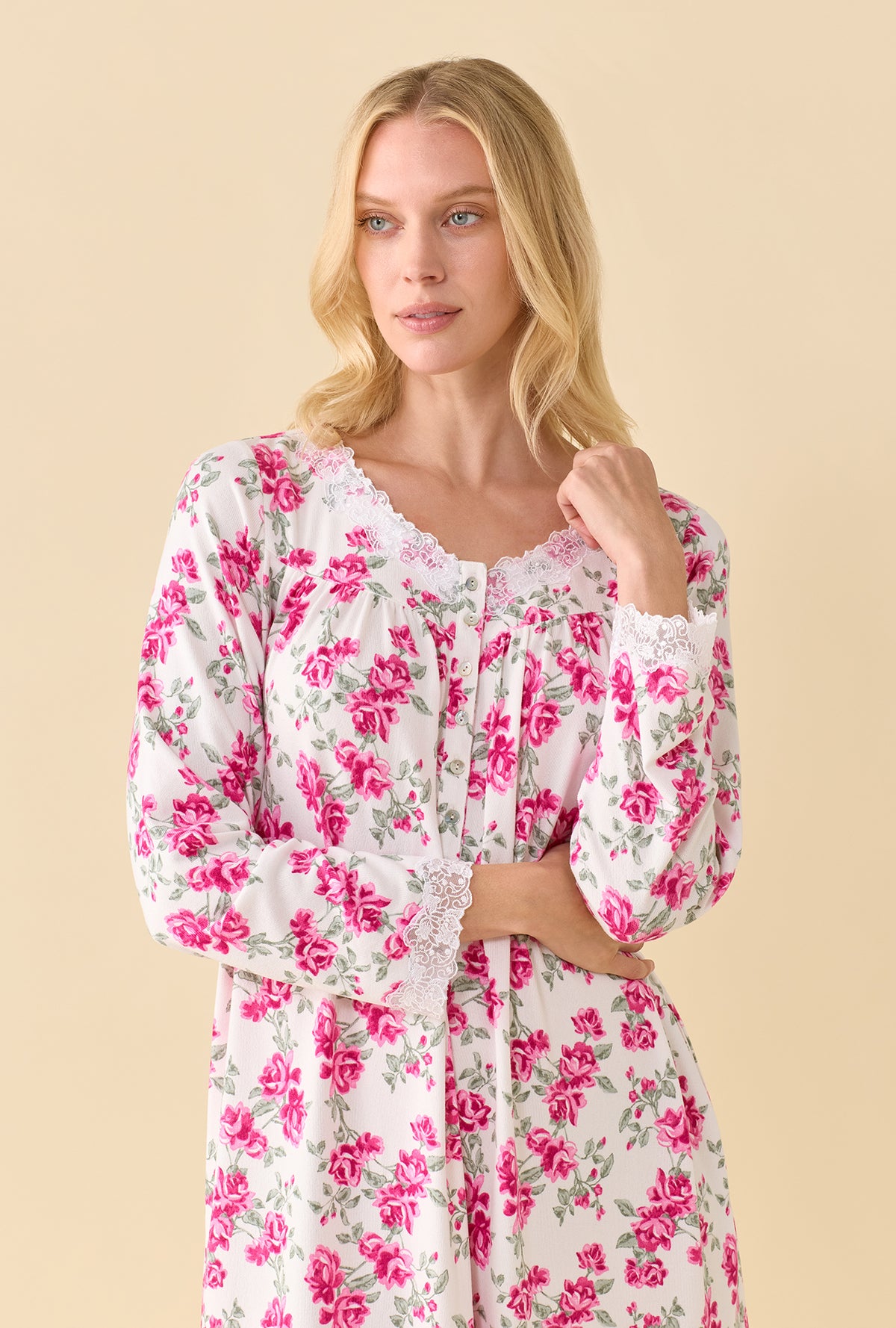 A lady wearing Jubilee Fleur Dreamy Sweater Knit Long Sleeve Ballet Nightgown