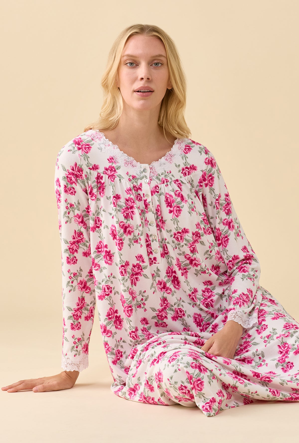 A lady wearing Jubilee Fleur Dreamy Sweater Knit Long Sleeve Ballet Nightgown