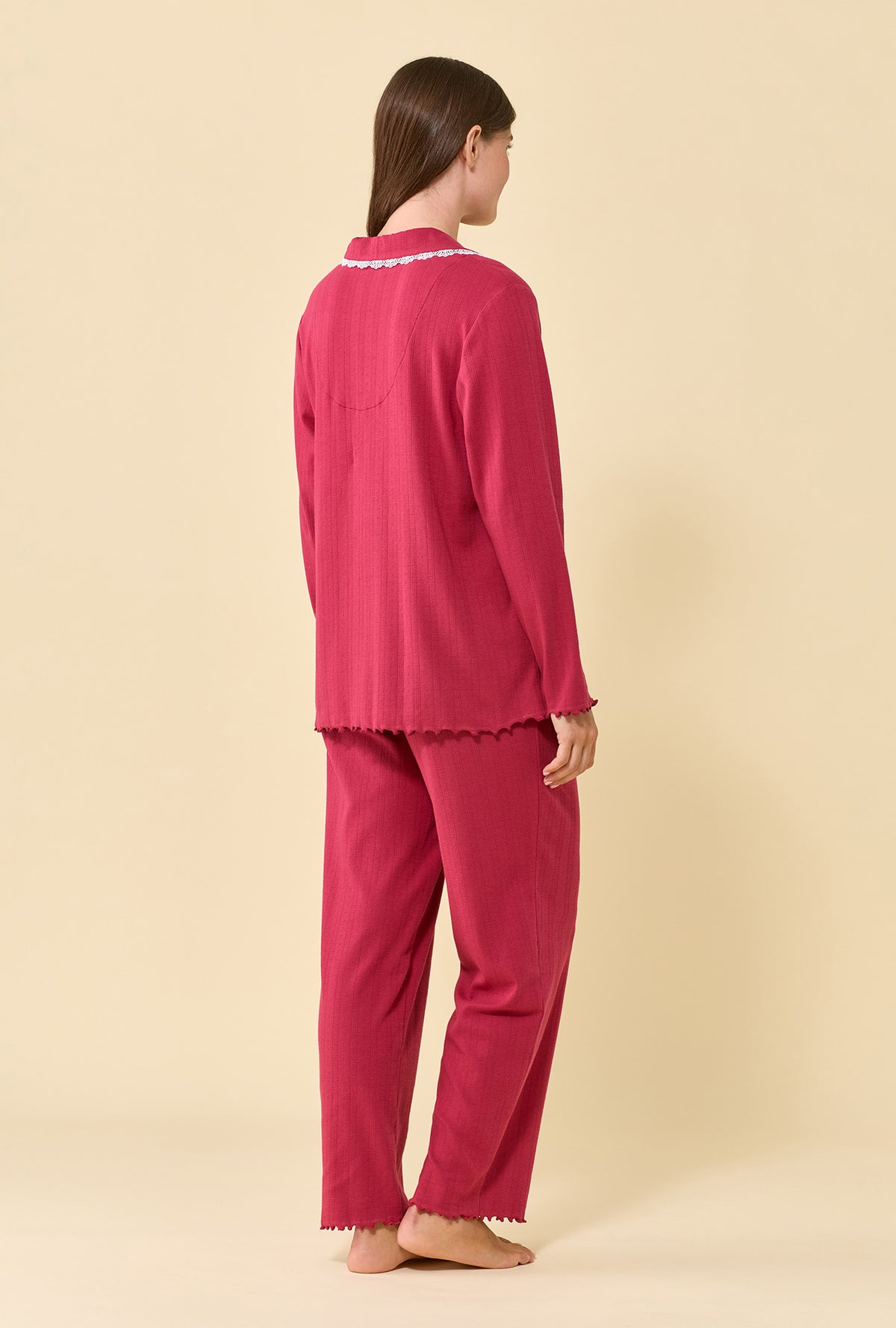 A lady wearing Bordeaux Brushed Pointelle Long Sleeve Pajama Set