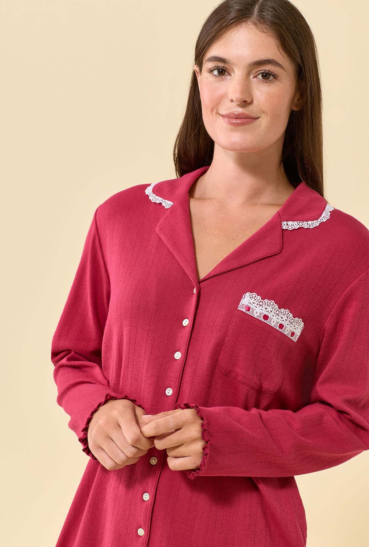 A lady wearing Bordeaux Brushed Pointelle Long Sleeve Pajama Set
