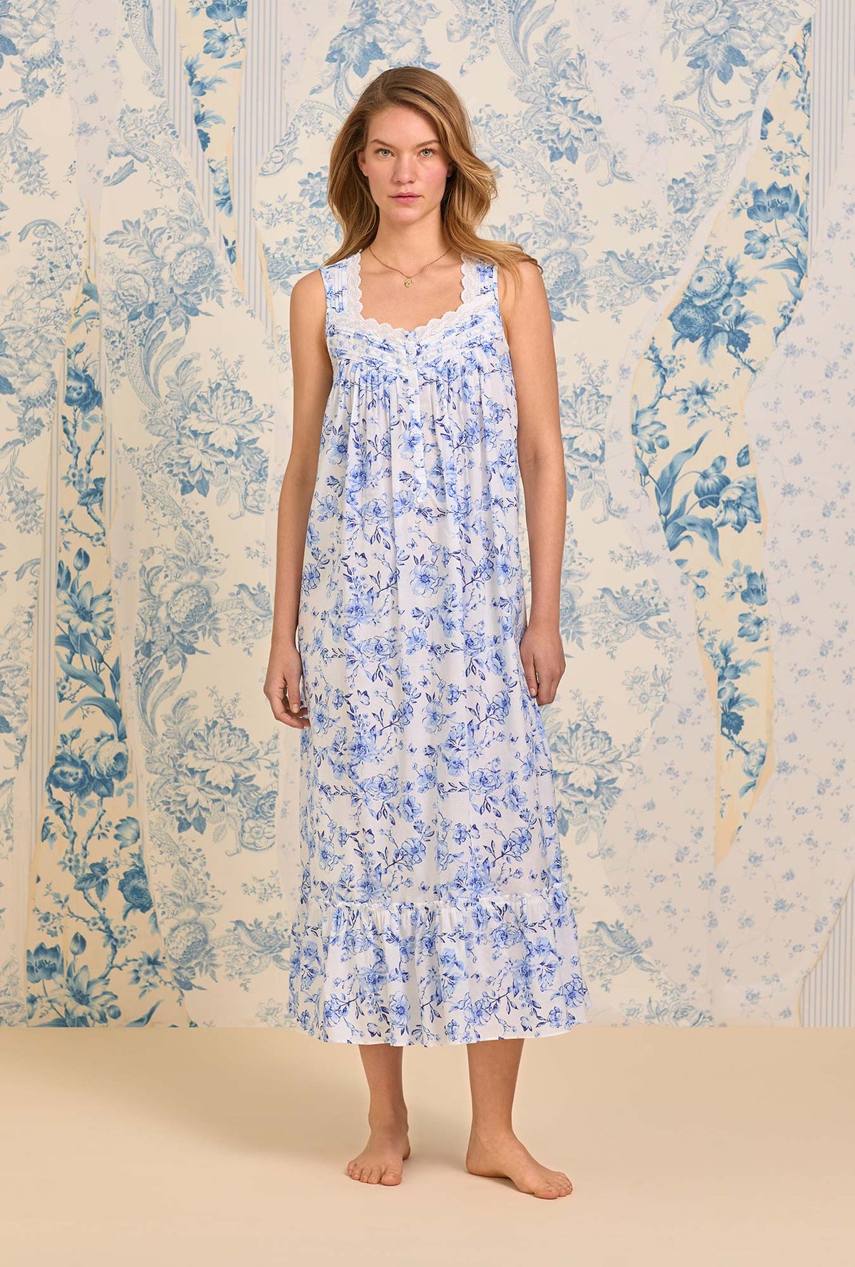 A lady wearing Rustic Rose &quot;Eileen&quot; Cotton Lawn Ballet Nightgown