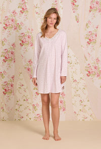 A lady wearing Baby Rose Cotton Knit Long Sleeve Nightshirt