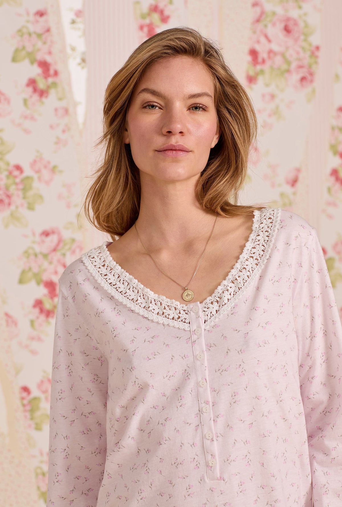 A lady wearing Baby Rose Cotton Knit Long Sleeve Nightshirt