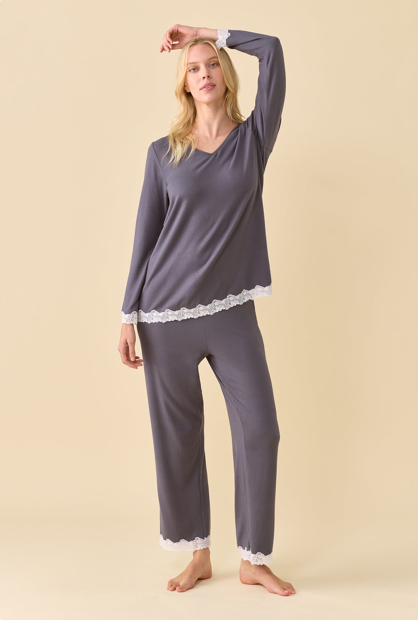 A lady wearing Charcoal Dreamy Sweater Knit Long Sleeve Pajama Set