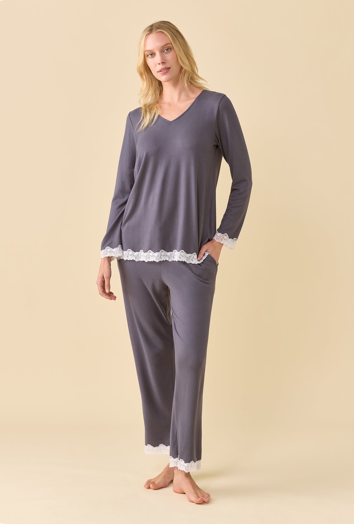 A lady wearing Charcoal Dreamy Sweater Knit Long Sleeve Pajama Set looking front