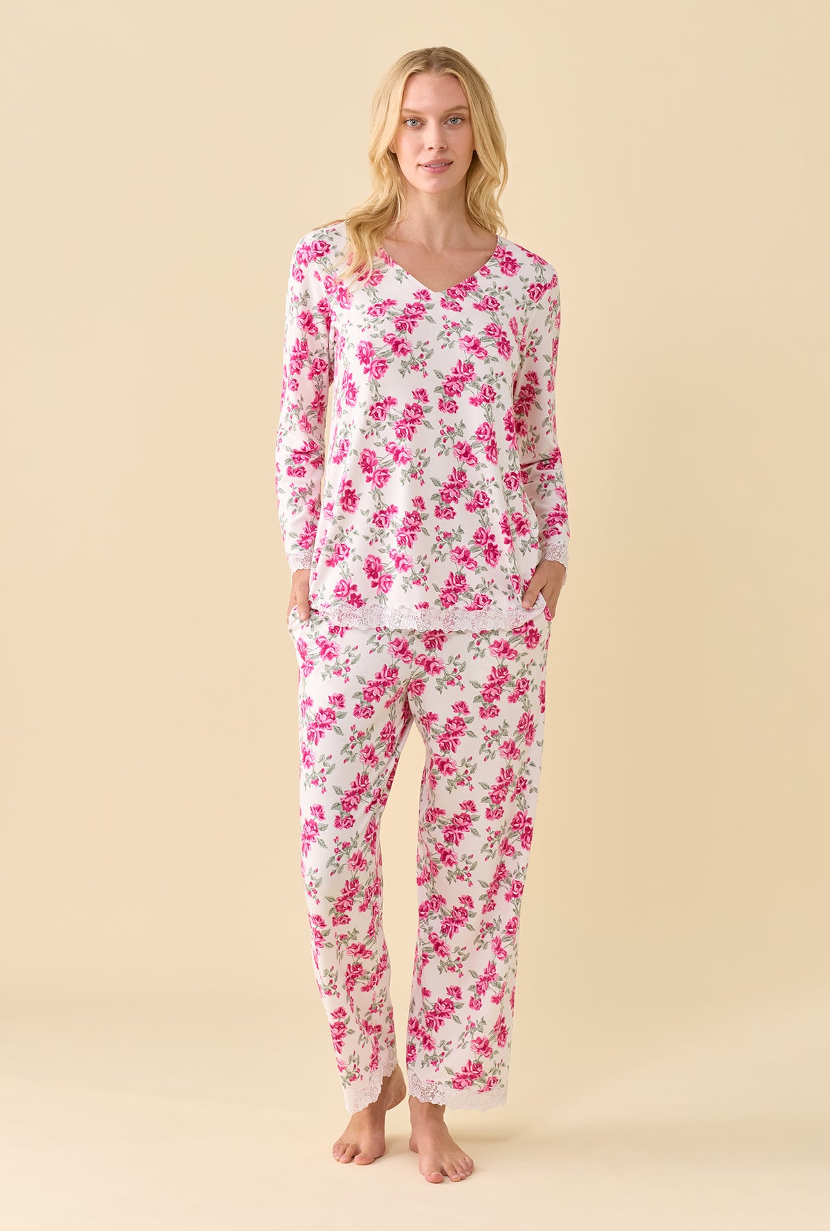 A lady wearing Jubilee Fleur Dreamy Sweater Knit Long Sleeve Pajama Set