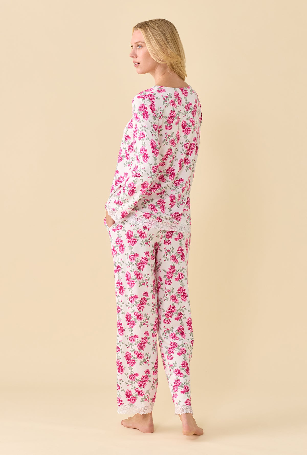 A lady wearing Jubilee Fleur Dreamy Sweater Knit Long Sleeve Pajama Set