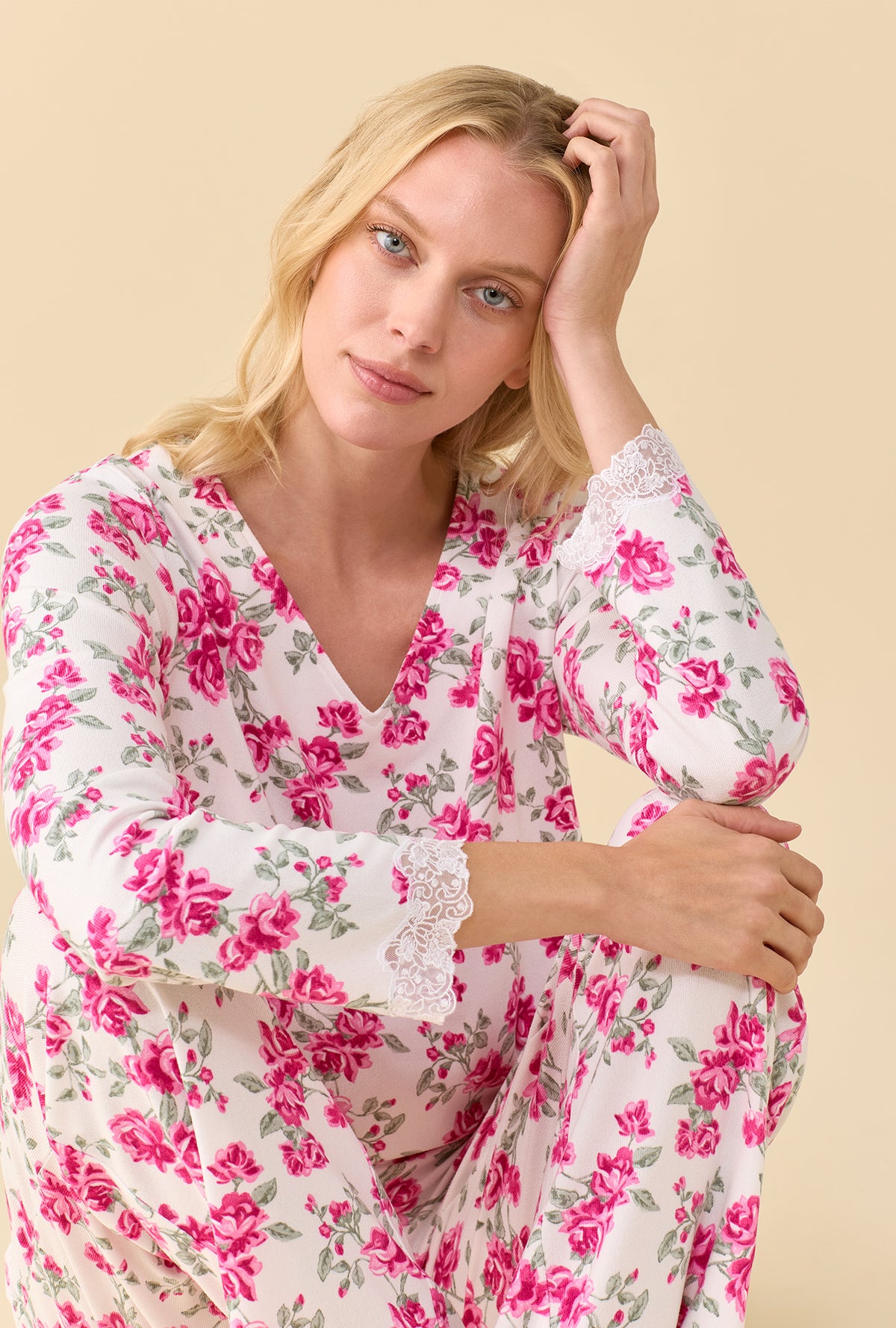 A lady wearing Jubilee Fleur Dreamy Sweater Knit Long Sleeve Pajama Set