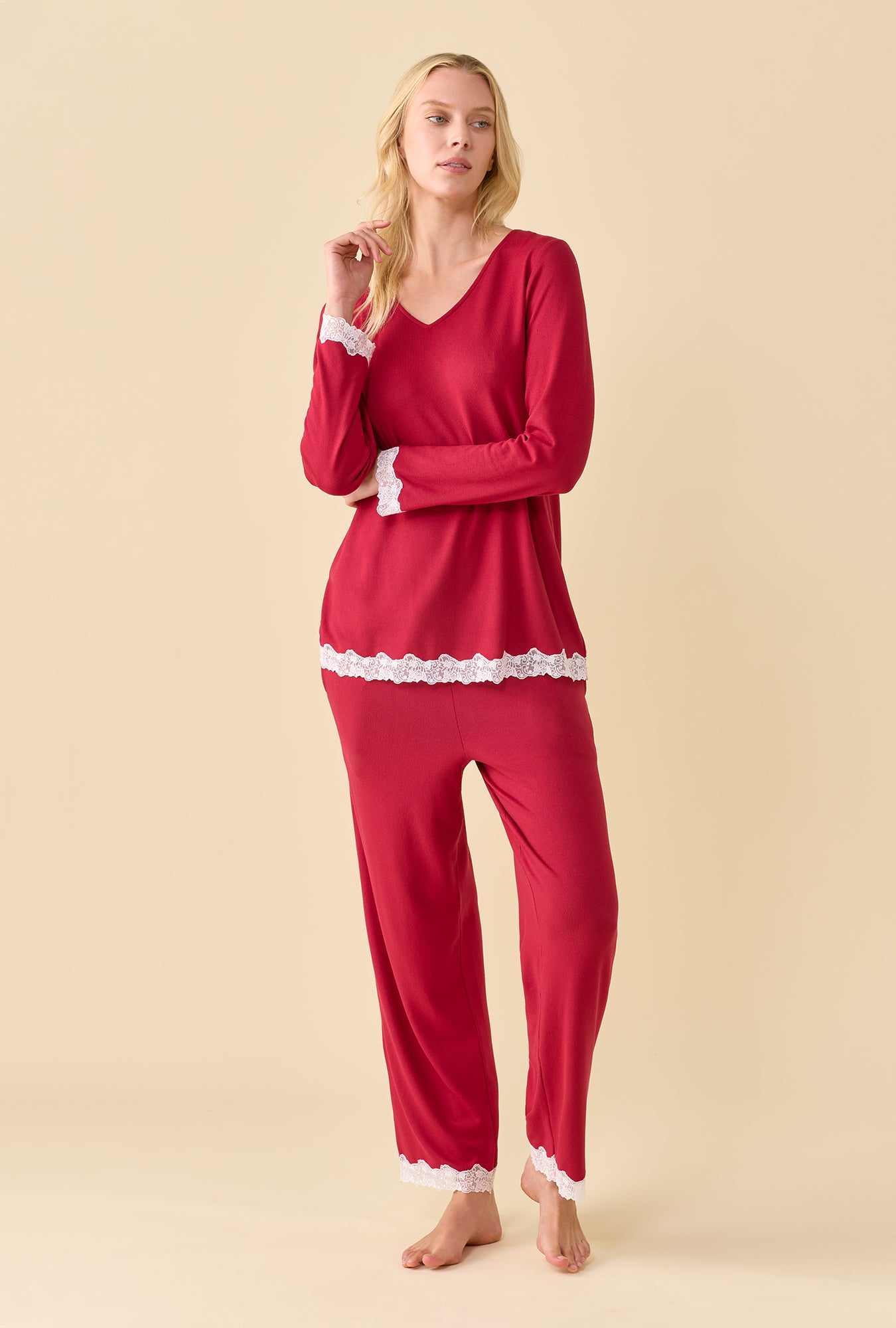 A lady wearing Claret Dreamy Sweater Knit Long Sleeve Pajama Set looking side