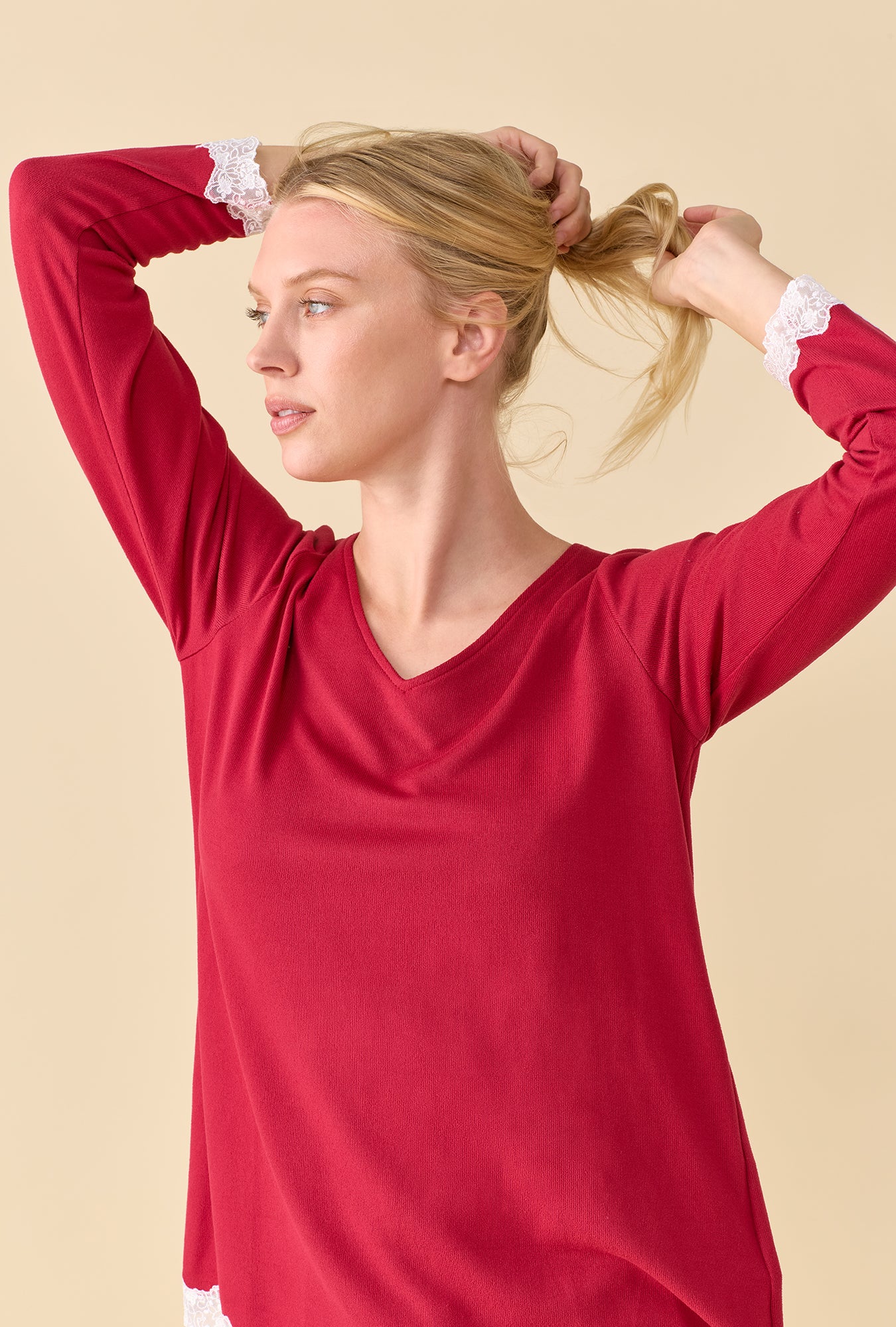 A lady wearing Claret Dreamy Sweater Knit Long Sleeve Pajama Set closer look looking side