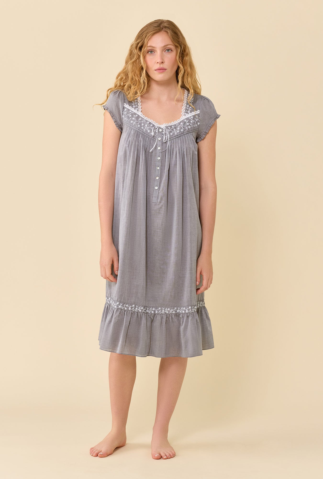 A lady wearing Moonlight 100% Cotton Yarndye Chambray Cap Sleeve Waltz Nightgown