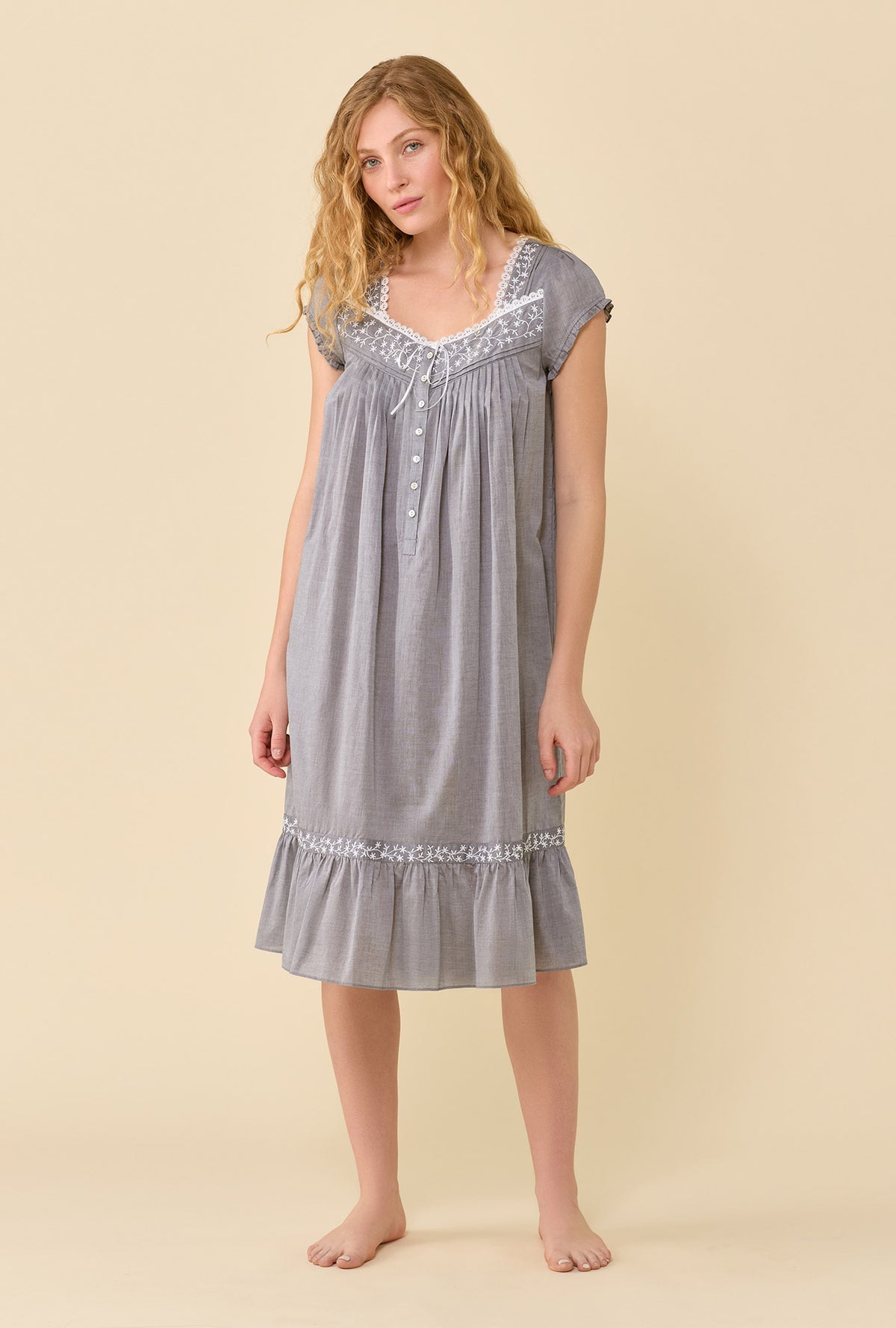 Moonlight 100% Cotton Yarndye Chambray Cap Sleeve Waltz Nightgown