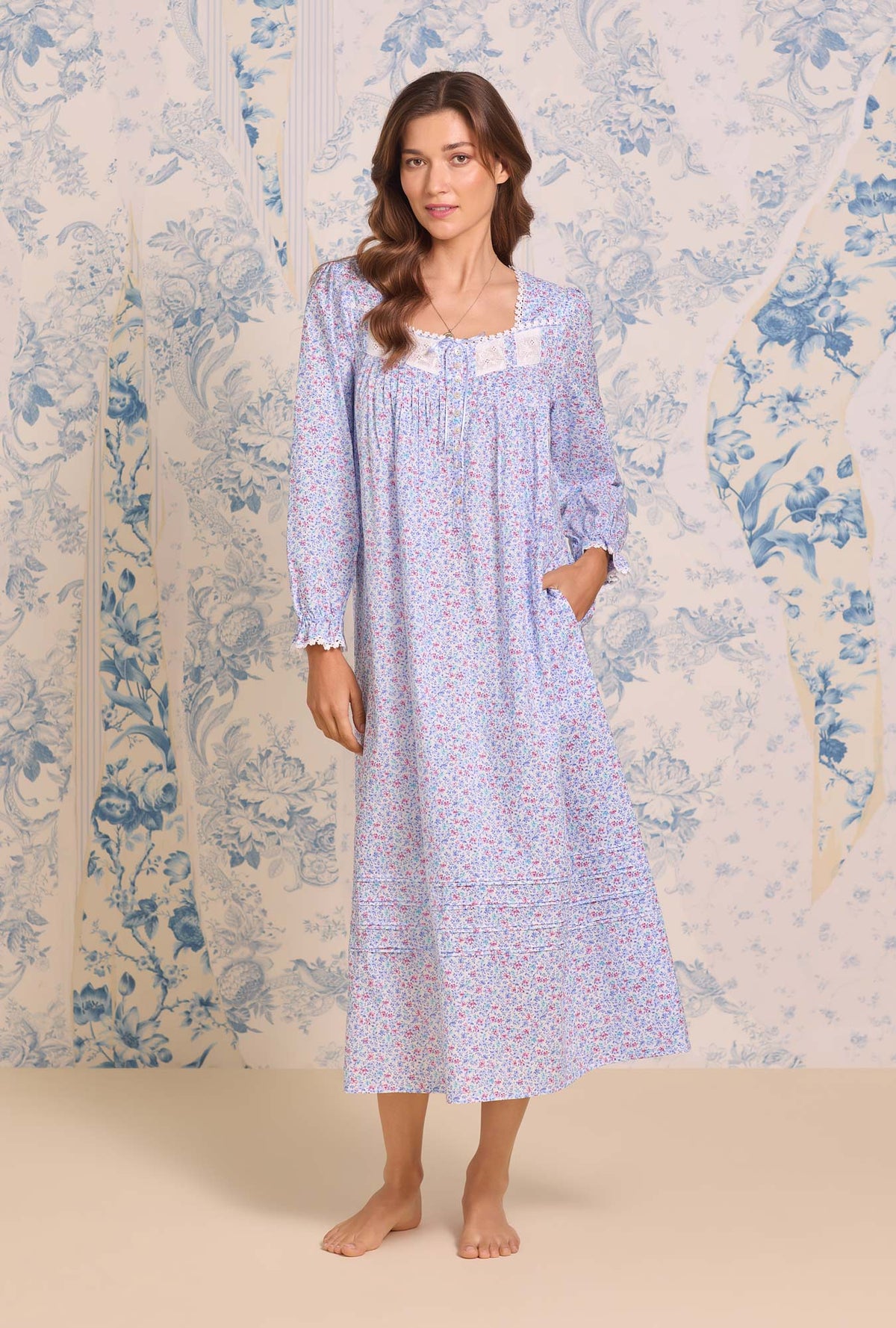 a lady wearing Wintertide Ditsy Long Sleeve Cotton Lawn Ballet Nightgown