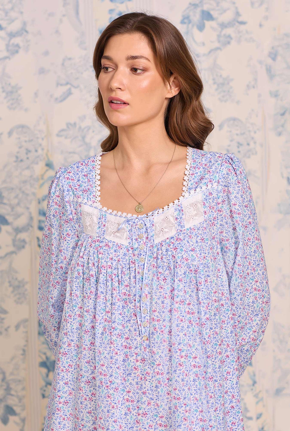 a lady wearing Wintertide Ditsy Long Sleeve Cotton Lawn Ballet Nightgown