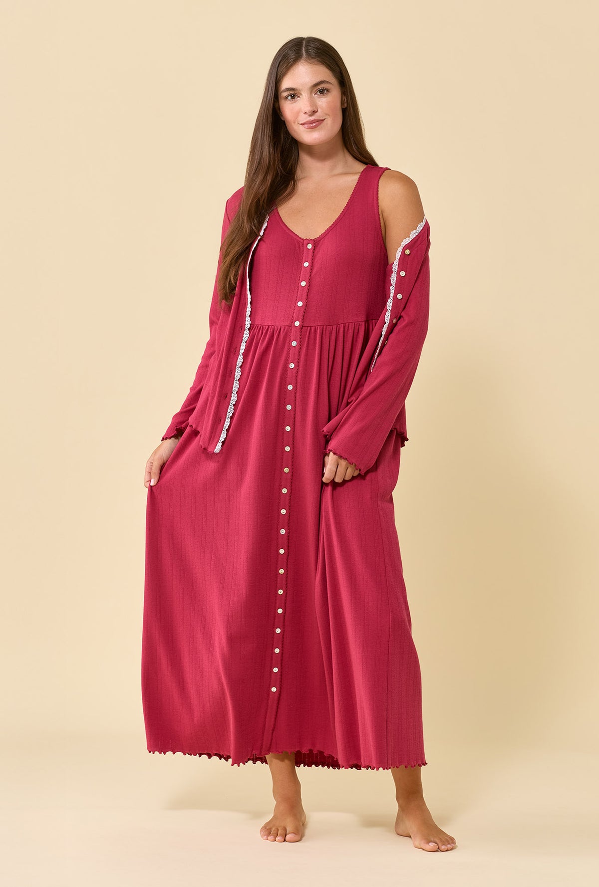 A lady wearing Elowen Bordeaux Brushed Pointelle Tank Dress