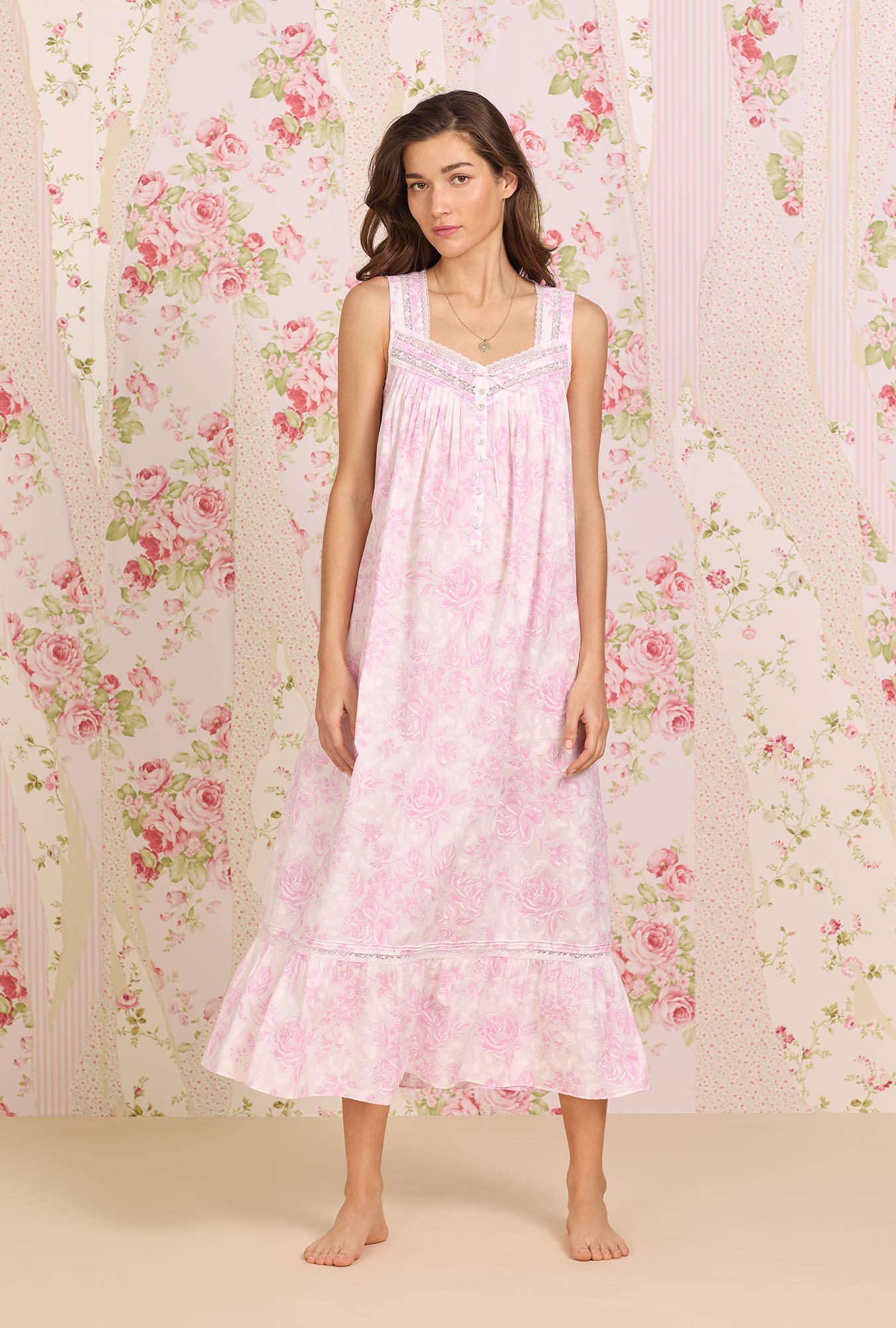  A lady wearing pink sleeveless Cotton Nightgown with  Romantic Roses print