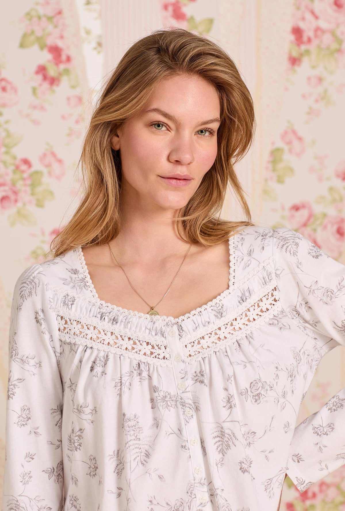 A lady wearing Dusk Blossom Cotton Knit Long Sleeve Short Nightgown