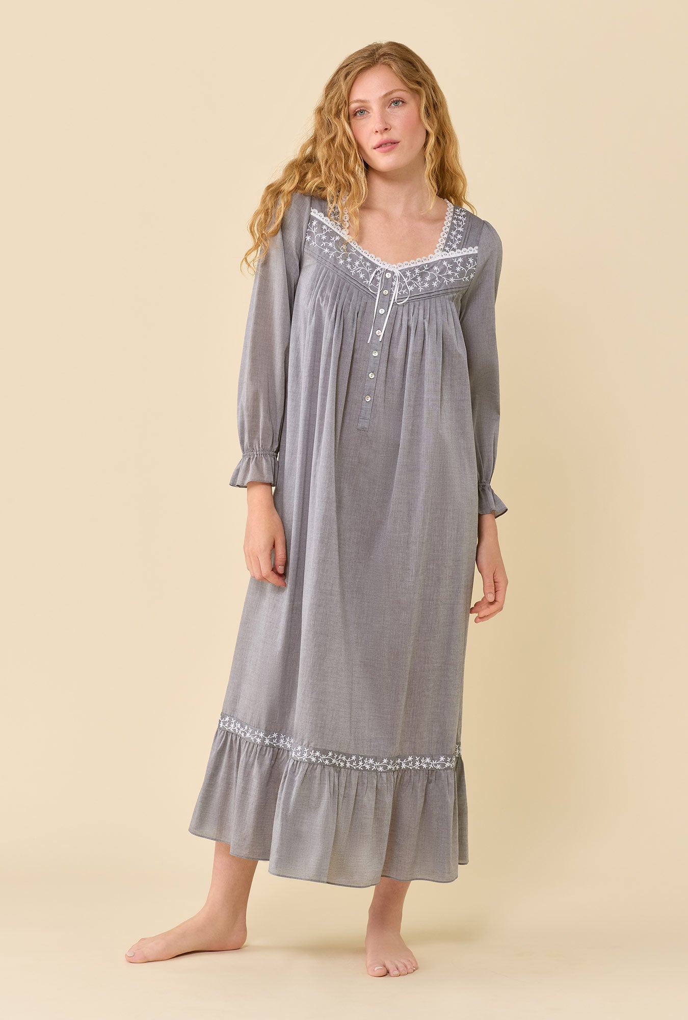 A lady wearing Moonlight 100% Cotton Yarndye Chambray Long Sleeve Ballet Nightgown 