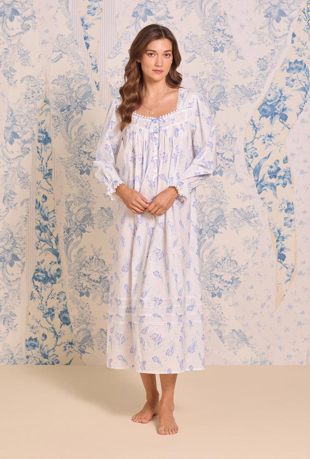 a lady wearing Blue Crocus Long Sleeve Cotton Lawn Ballet Nightgown
