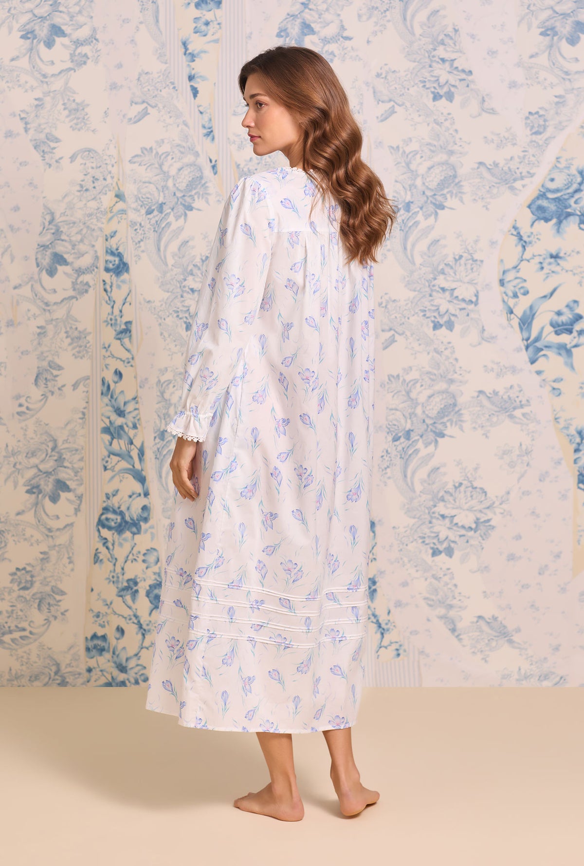 a lady wearing Blue Crocus Long Sleeve Cotton Lawn Ballet Nightgown
