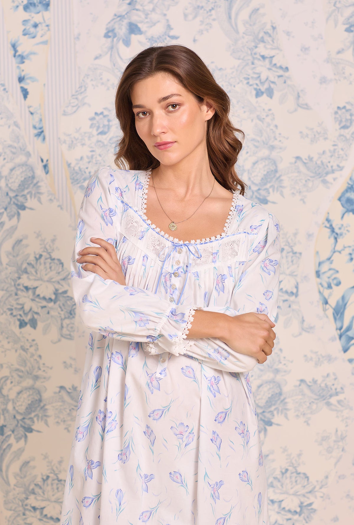 a lady wearing Blue Crocus Long Sleeve Cotton Lawn Ballet Nightgown
