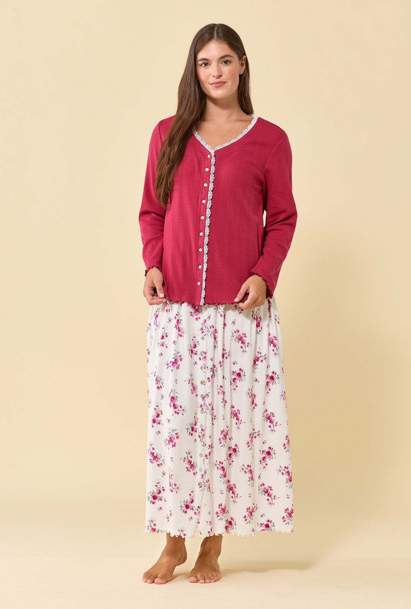 Bordeaux Brushed Pointelle Long Sleeve Cardigan