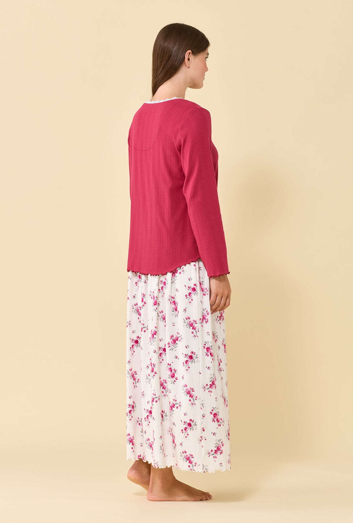A lady wearing Bordeaux Brushed Pointelle Long Sleeve Cardigan