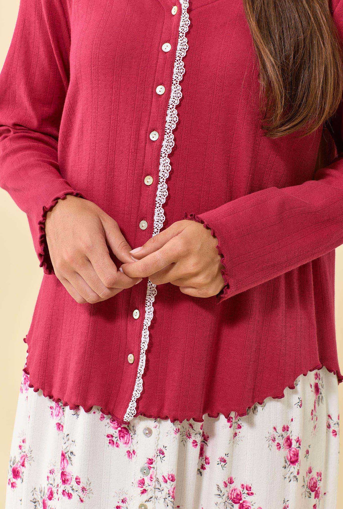 A lady wearing Bordeaux Brushed Pointelle Long Sleeve Cardigan