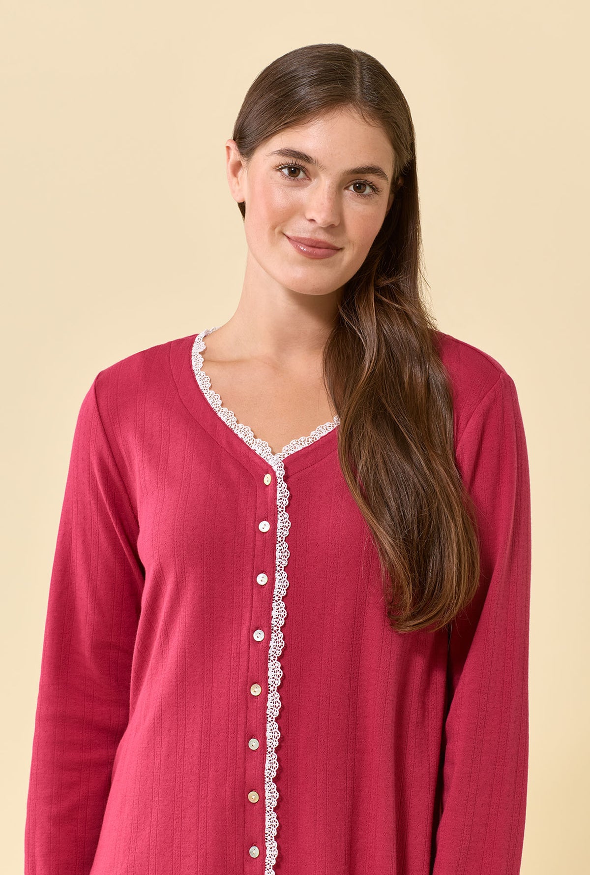 A lady wearing Bordeaux Brushed Pointelle Long Sleeve Cardigan