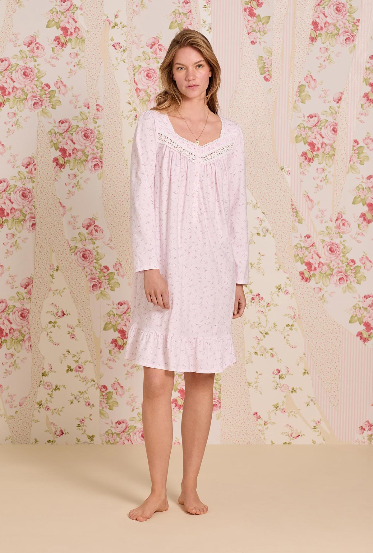 A lady wearing Baby Rose Cotton Knit Long Sleeve Short Nightgown