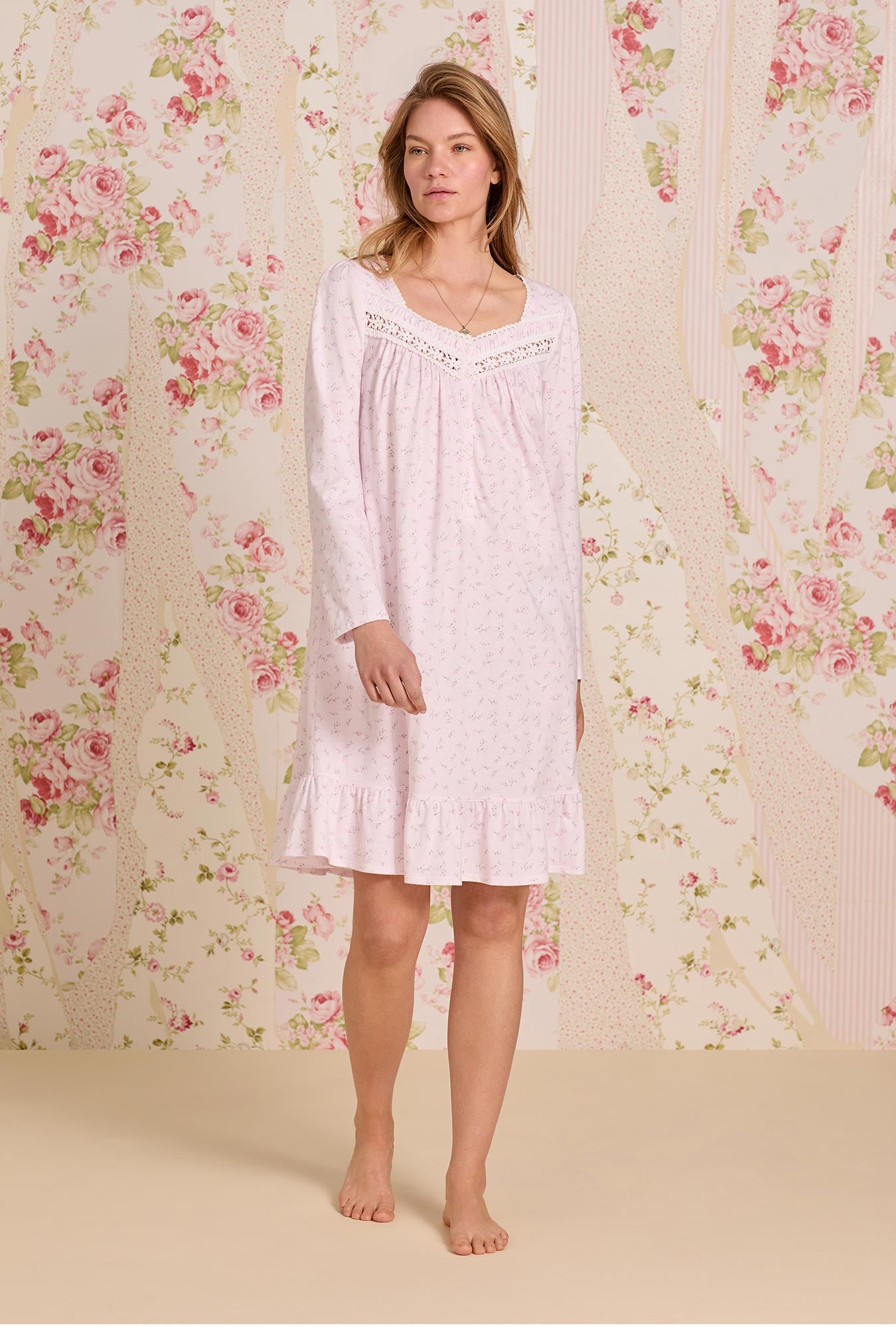A lady wearing Baby Rose Cotton Knit Long Sleeve Short Nightgown