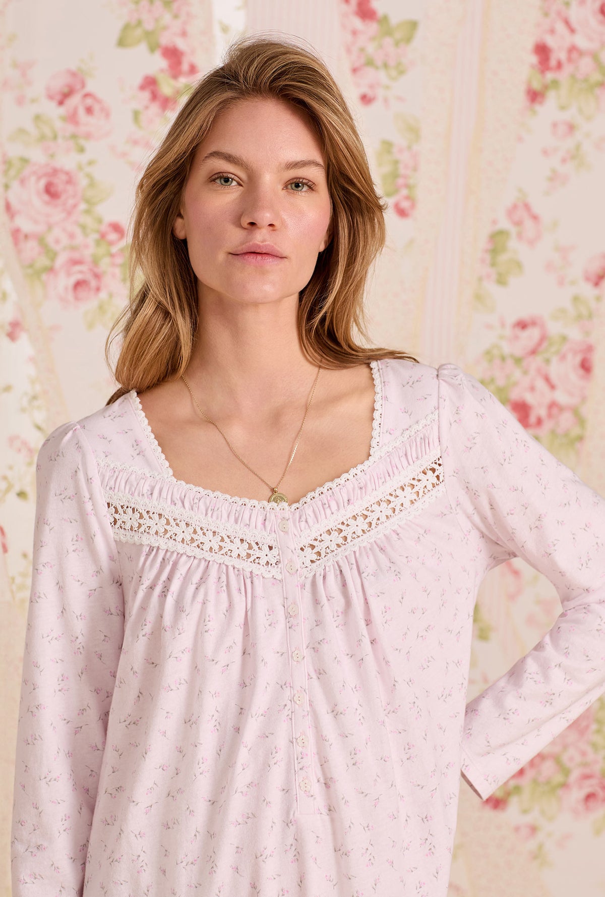 A lady wearing Baby Rose Cotton Knit Long Sleeve Short Nightgown