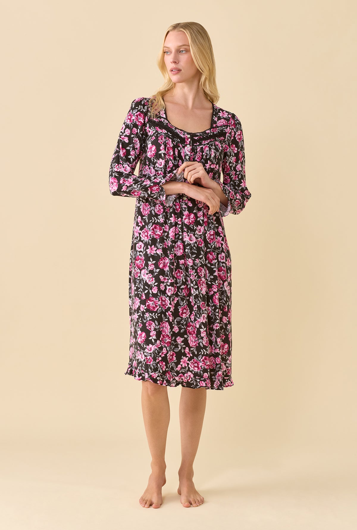 A lady wearing Midnight Briar TENCEL™ Modal SpandexJersey Knit Long SleeveWaltz Nightgown looking side