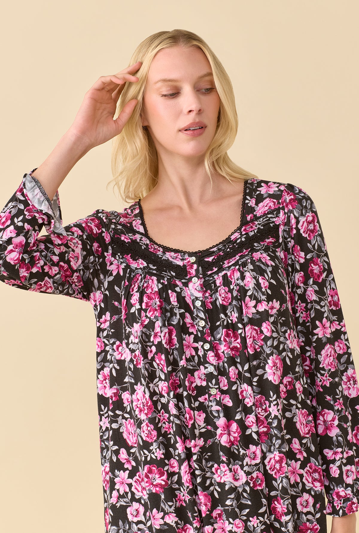 A lady wearing Midnight Briar TENCEL™ Modal SpandexJersey Knit Long SleeveWaltz Nightgown closer look