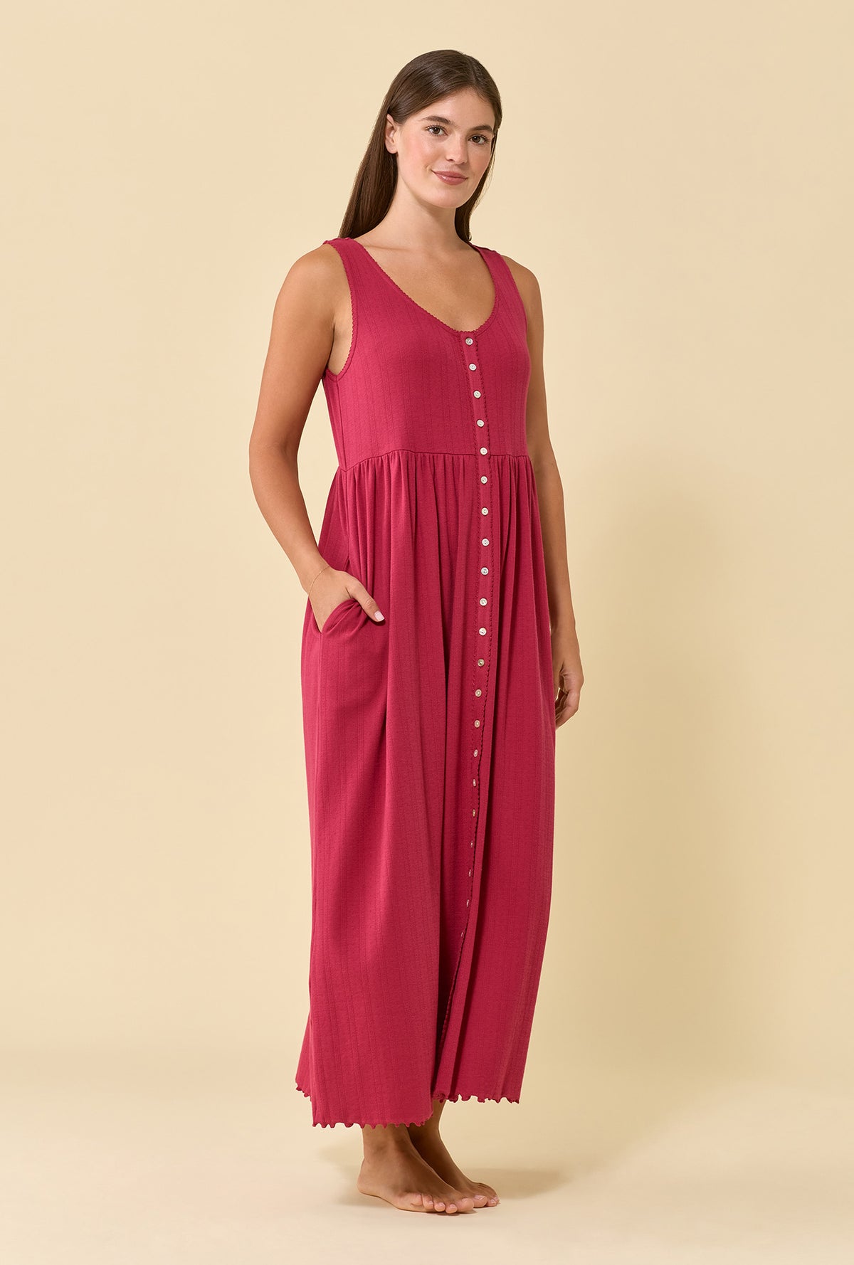 A lady wearing Elowen Bordeaux Brushed Pointelle Tank Dress