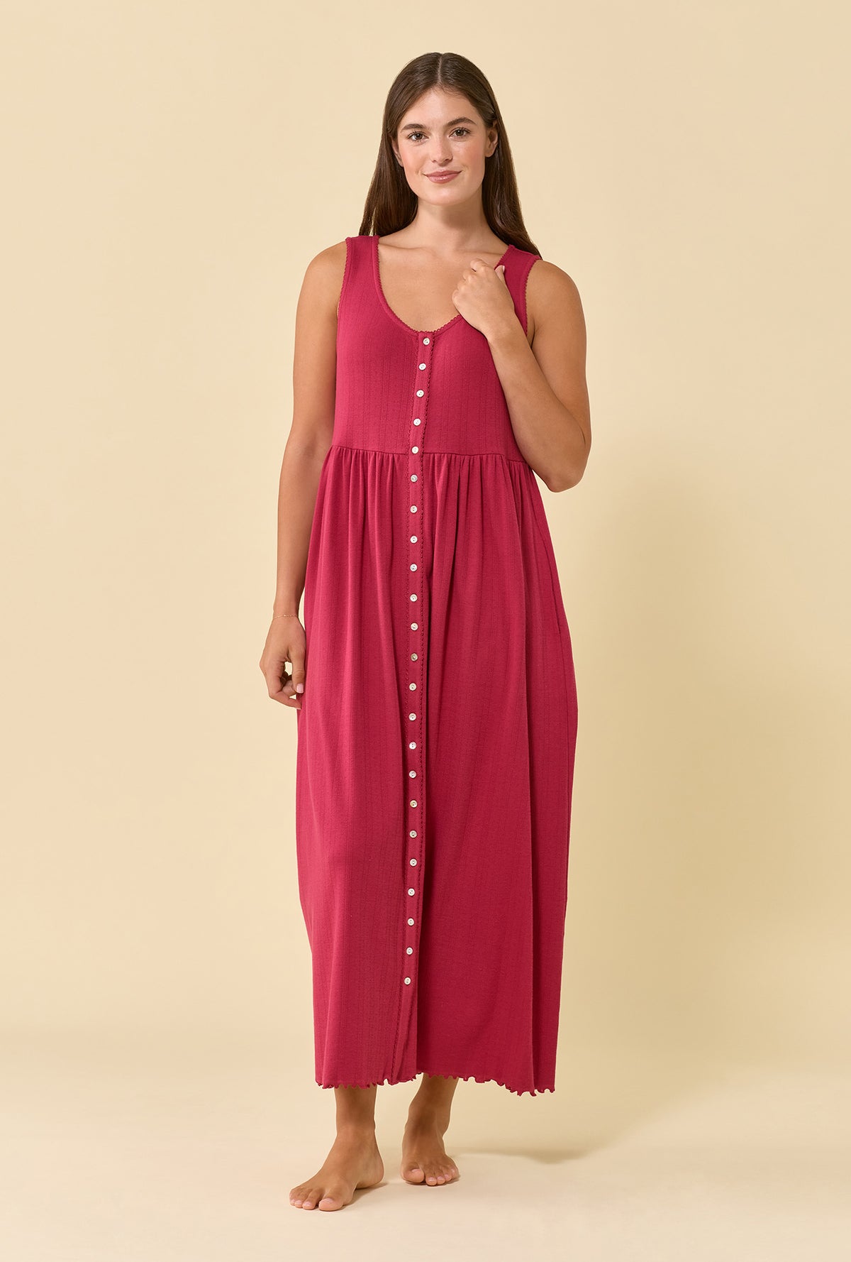 A lady wearing Elowen Bordeaux Brushed Pointelle Tank Dress
