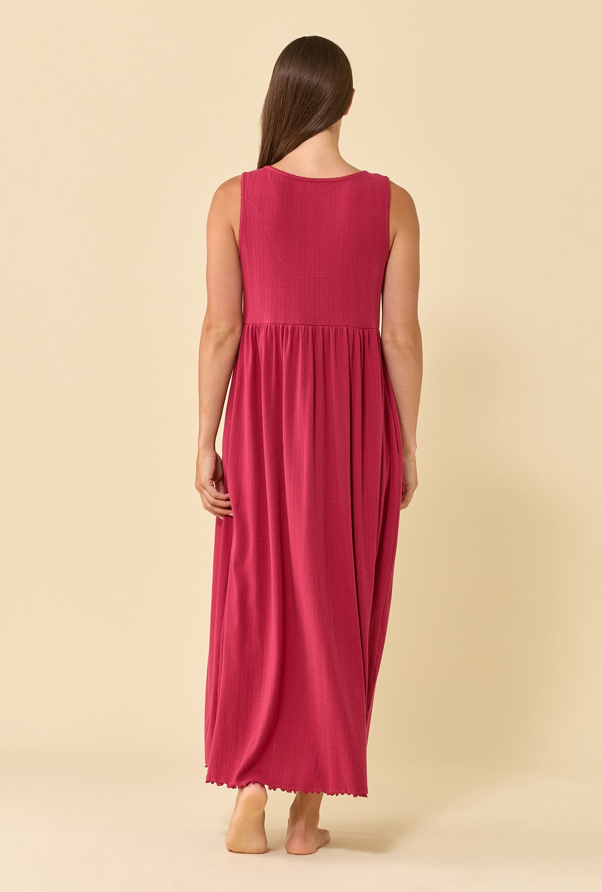 A lady wearing Elowen Bordeaux Brushed Pointelle Tank Dress