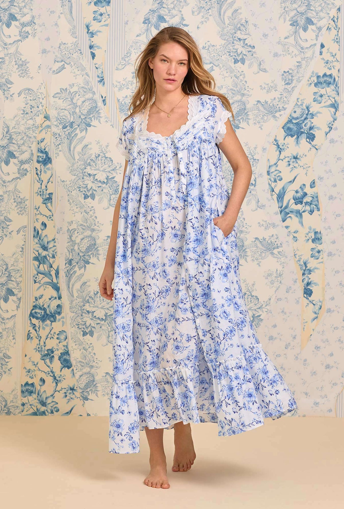 A lady wearing Rustic Rose &quot;Eileen&quot; Cotton Lawn Ballet Nightgown