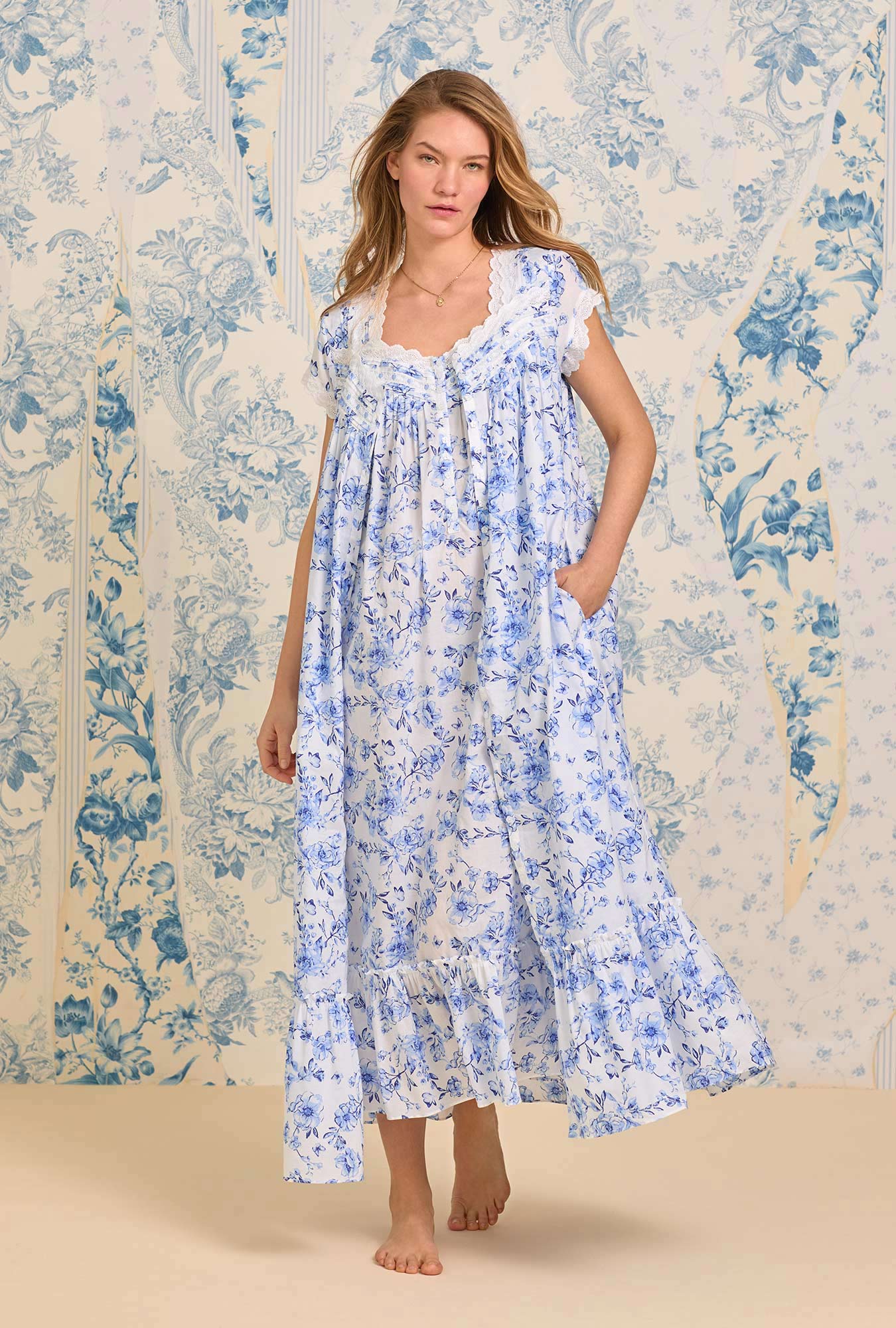 A lady wearing Rustic Rose "Eileen" Cotton Lawn Ballet Nightgown