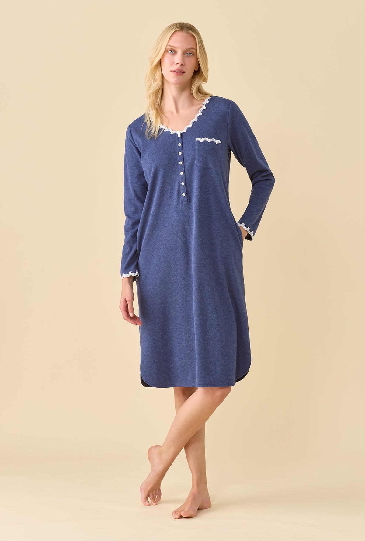 Peri Heather Cotton Rich Interlock Jersey Knit Long Sleeve Waltz Nightshirt