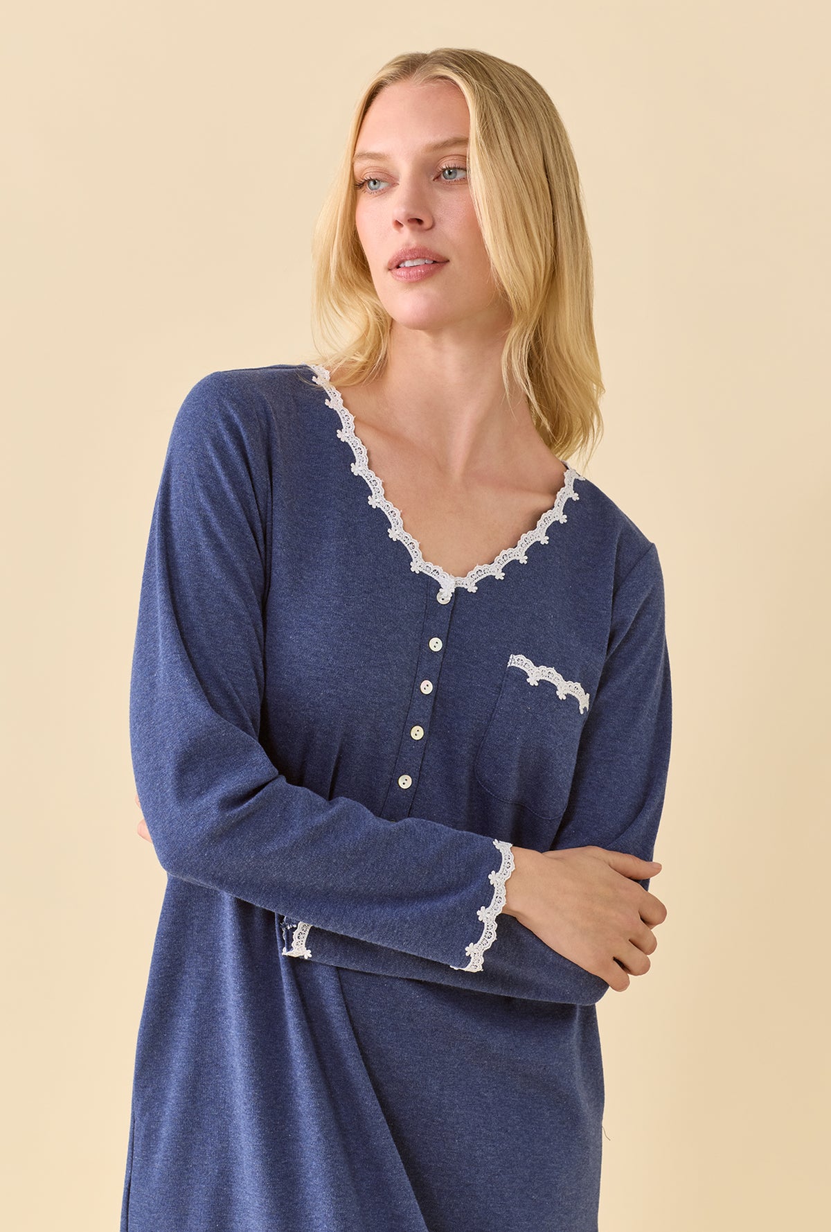 Peri Heather Cotton Rich Interlock Jersey Knit Long Sleeve Waltz Nightshirt