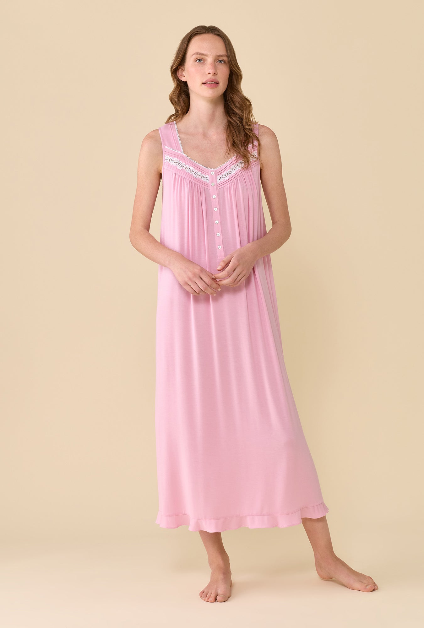 A lady wearing The Eileen Dusty Rose Nightgown