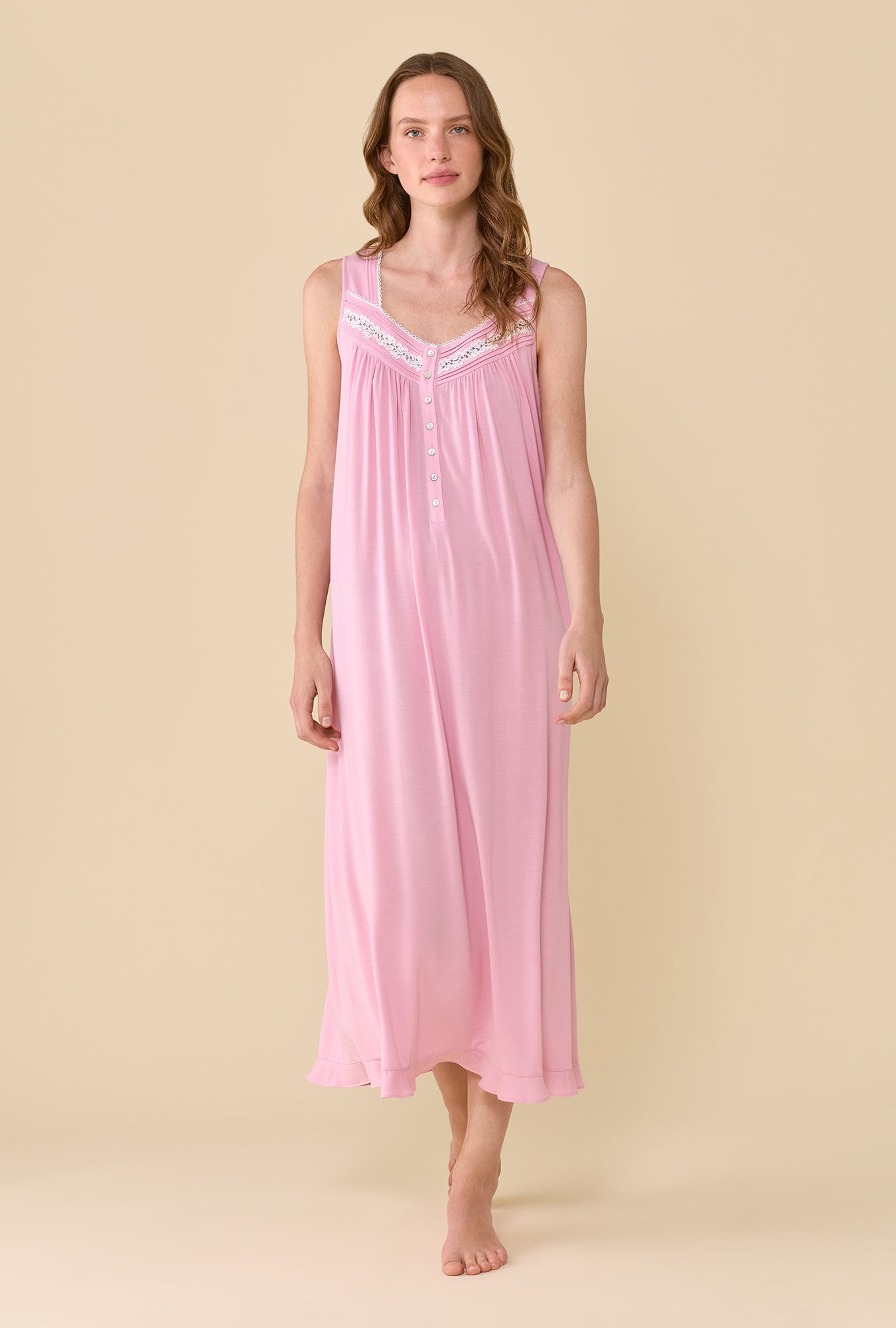 A lady wearing The Eileen Dusty Rose Nightgown looking front