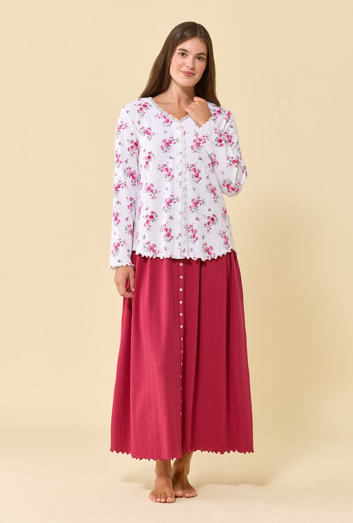 A lady wearing Crimson Posy Brushed Pointelle Long Sleeve Cardigan