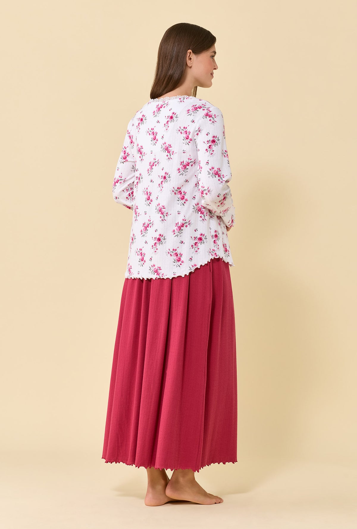 A lady wearing Crimson Posy Brushed Pointelle Long Sleeve Cardigan