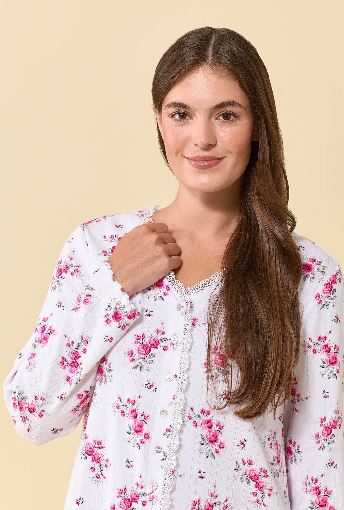 A lady wearing Crimson Posy Brushed Pointelle Long Sleeve Cardigan